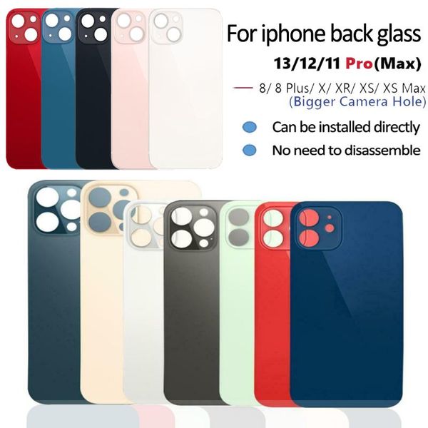 Funda de teléfono para iPhone 13, 12, 11, 8 plus, X, XS MAX, carcasa de cristal con batería, cubierta trasera de repuesto, cámara con agujero grande con pegatinas