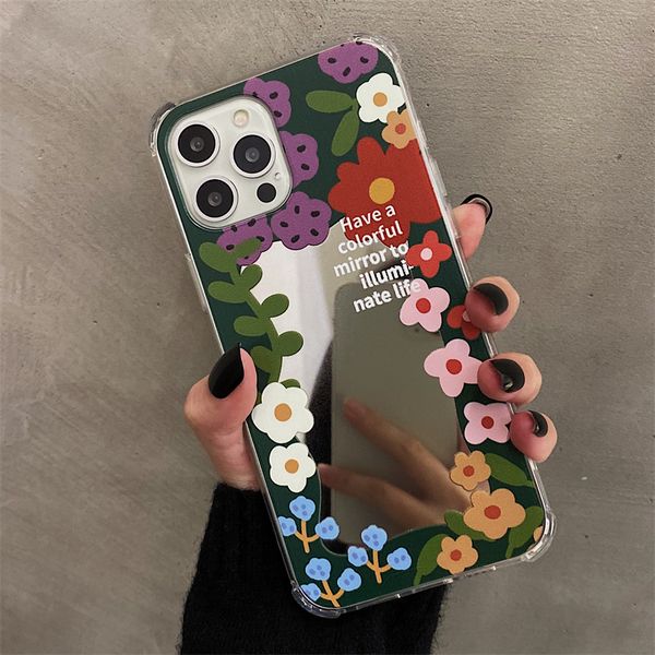 Funda de teléfono para IPhone 14 13 12 Mini 11 Pro Max Xs X Xr Retro flores rotas chica suave con espejo de maquillaje funda trasera de silicona