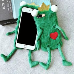 Telefoonhoesje grappig schattig liefde hart kroon kikker pluche voor iPhone 14 13 Pro Max pluizig bont zachte cover Apple 11 XR X XS 231104