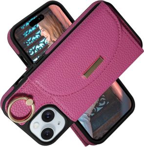 Funda para teléfono iPhone 15 Funda tipo cartera con tapa de piel con 4 tarjeteros, soporte para anillo, función atril, funda protectora para teléfono para mujer, color beige 5D2V8