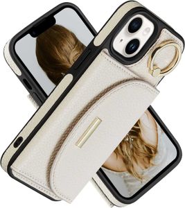 Phone Case iPhone 15 Étui portefeuille à rabat en cuir avec 4 porte-cartes, anneau de support, béquille de protection, coque de téléphone pour femme, dames, beige 1H4T6