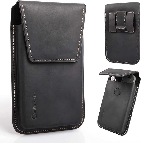 Étui de téléphone Étui de téléphone portable en cuir avec clip de ceinture Étui à rabat pour iPhone 14 13 Pro Max Support S22 Plus Pochette universelle Grand téléphone Noir