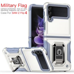 Cajas del teléfono para Samsung Z FLIP 3 4 con soporte de soporte de anillo de metal Soporte magnético para automóvil Soporte de protección de servicio pesado de grado militar Cubierta protectora contra caídas