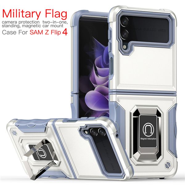 Coques de téléphone pour Samsung Z FLIP 3 4 avec anneau en métal Support de béquille Support de voiture magnétique Support de protection robuste de qualité militaire Housse de protection contre les chutes