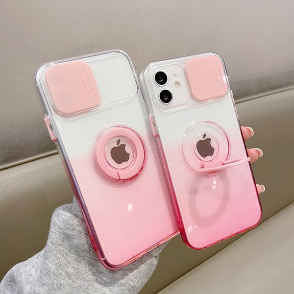 Estuches para teléfonos Slide Camera Protection Gradient Clear Case para iPhone 11 12 13 Pro Max XS X S XR 8 7 Plus Soporte de anillo Cubierta transparente