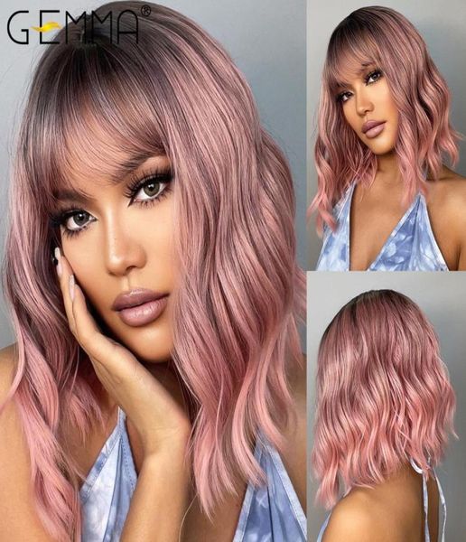 Téléphones Automobile Achats en ligne HairSynthetic GEMMA Ombre Rose Perruque Synthétique Ondulée Moyenne avec Frange Noir Femmes Naturel Bob Loli8207210