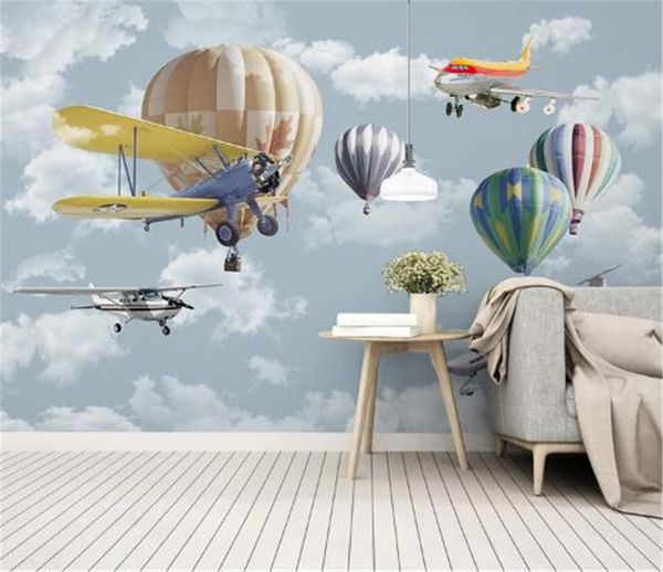 Photo 3d papier peint nordique minimaliste dessin animé avion ballon enfants chambre fond décoration murale beau papier peint