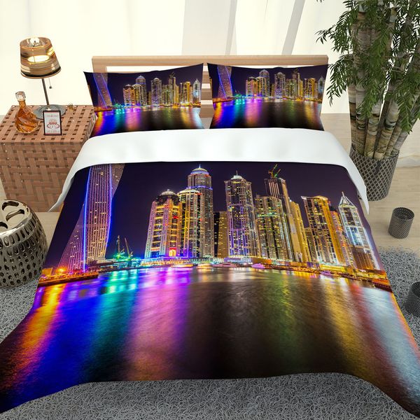 Photo bleu nuit bâtiment ensemble de literie ensemble de couverture taie d'oreiller linge de lit couettes ensembles de literie 3D