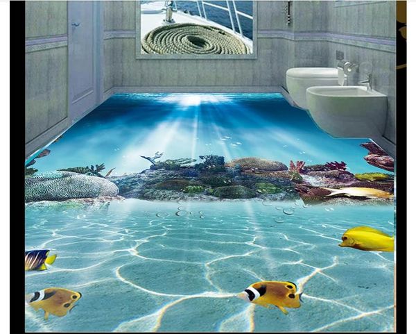 Photo Papier peint Mural personnalisé Clear Sous-marine Sous-eau Fish Poisson 3D Plancher Peinture Auto-adhésif Salle de bain Hote Revêtement de sol
