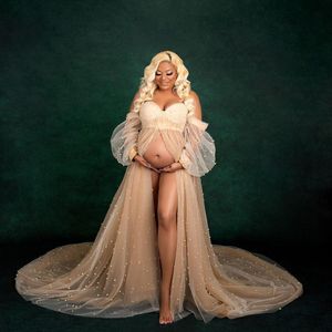 Foto Zwangerschapsshoot Jurk Parels Galajurken voor Dames Lieverd Avondjurken Lange mouwen Feest Celebrity Robes es