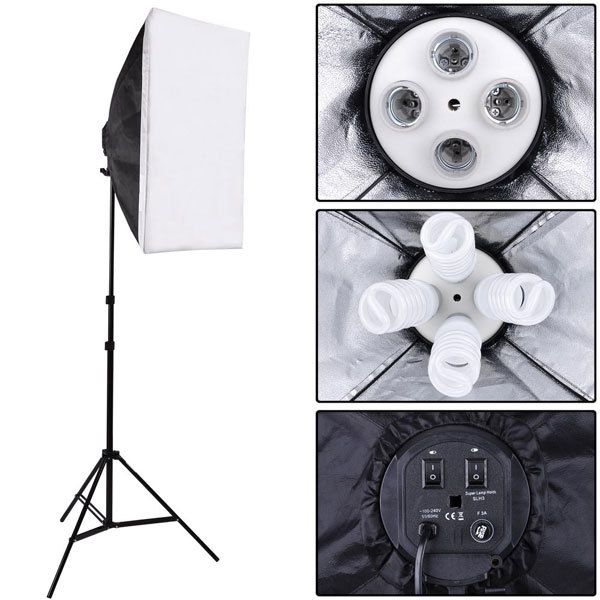 Livraison gratuite Kit de studio photo Éclairage de photographie Support de lampe à 4 douilles + Softbox 50 * 70CM + Support de lumière 2m Photo Soft Box VL-9004