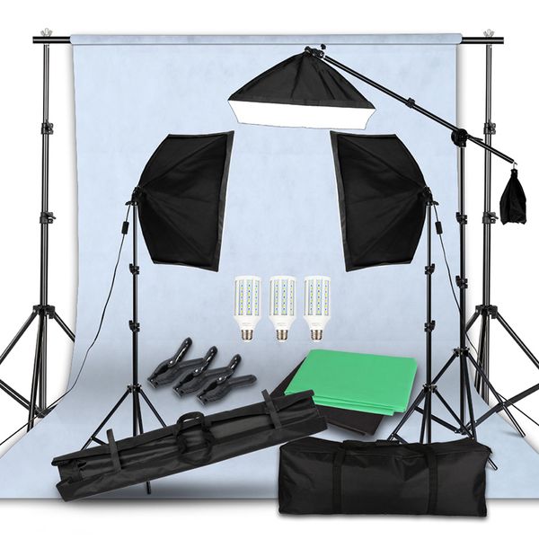 FreeShipping Photo Studio LED Softbox Kit de iluminación Boom arm Soporte de fondo Soporte 3 colores Fondo verde para fotografía Video Shooting