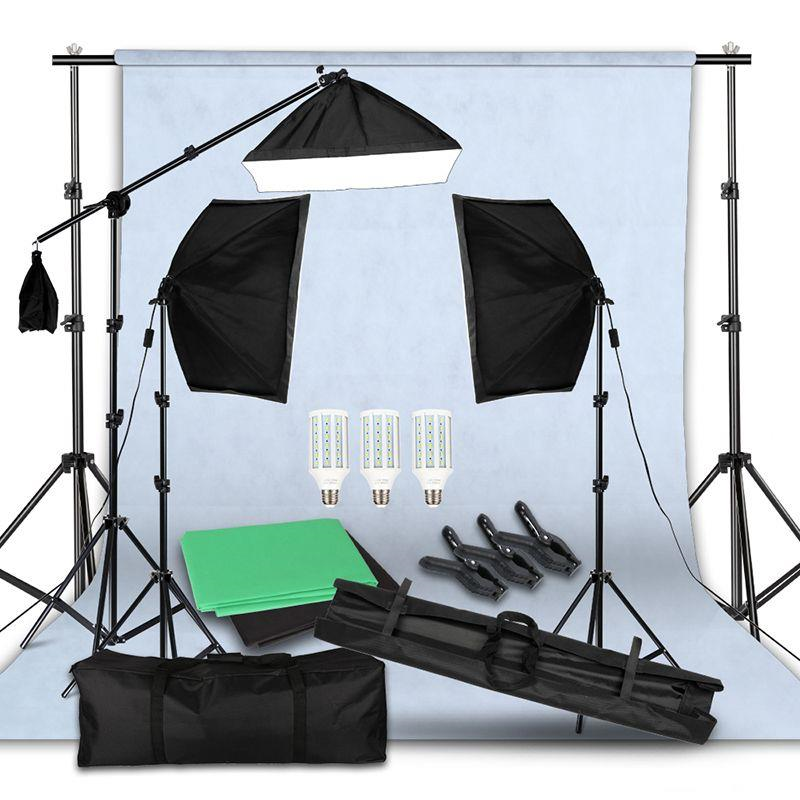 Freeshipping Photo Studio LED Softbox Lighting Kit Boom Arm Procession Stare 3 Color Green Backdrop for Photography Video Shoot Puoi