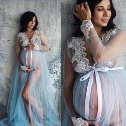 Foto tomada de ropa de mujer embarazada vestido de maternidad de estilo dividido transparente de malla decorativa de encaje de manga larga 240111