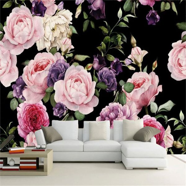 Photo Fond d'écran 3D peint à la main Rose Fleur murmure Salon Salon Télévision Canapé Maison de mariage Fond Papier mural pour murs 3 D Fresco