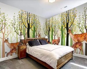 Photo Papier Peint 3D Stéréo Chambre D'Enfants Forêt Elk Parent-Enfant Dessin Animé Mignon Mural Salon Chambre Toile De Fond Wall3D Mural Papiers Peints