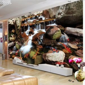 Photo papier peint Style chinois eau courante pierre carpe 3D stéréo Mural salon TV toile de fond mur fresque Papel De Parede
