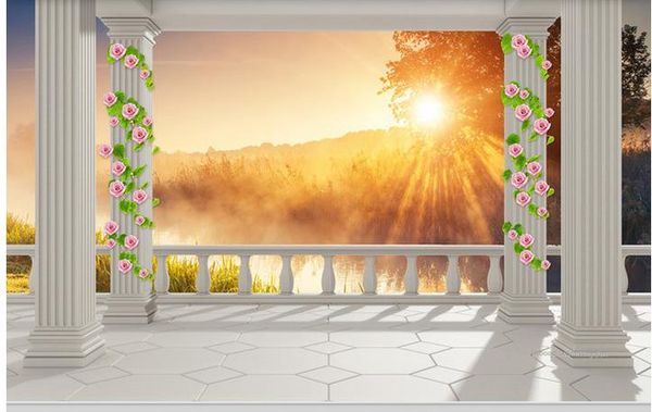 Photo Papier Peint Haute Qualité 3D Stéréoscopique De Style Européen Balcon Colonne Romaine Forêt Lumière Du Jour Paysage 3D TV Fond Mur Art Mural f