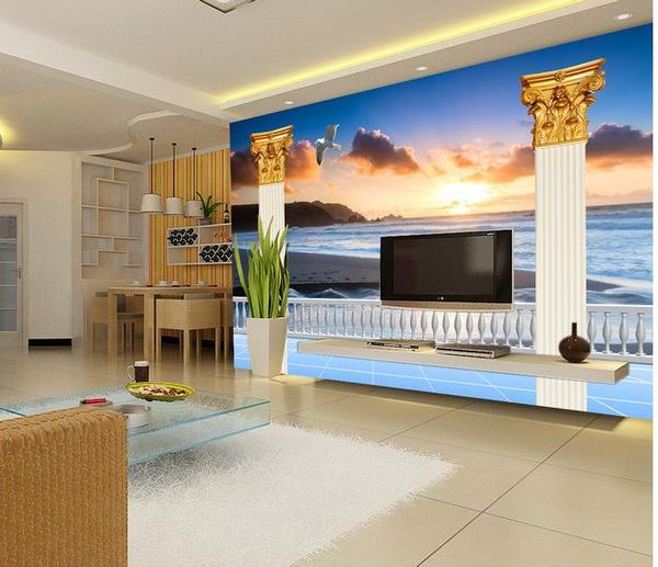 Photo Papier Peint Haute Qualité 3D Stéréoscopique Rêveur beau lever de soleil oriental bord de mer paysage TV fond mur Salon Papier Peint