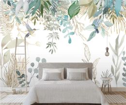 Fotobehang Moderne handgeschilderde tropische planten Bladeren bloemen en vogels Muurschilderingen Woonkamer Slaapkamer 3D Wallpaper