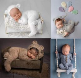 Photography 2pc/set Newborn Photography Props Romper Jumpsuit Crochet Hat Wool Baby Boy Girl Outfit Baby Animal Photo Prop