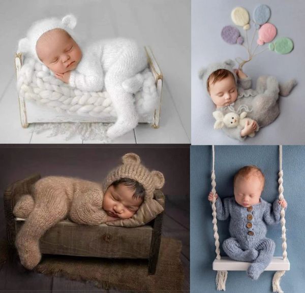 Photographie 2PC / Set Nouveau-Born Photographie Propytes Romper Jumps Costume Crochet Hat Laine bébé Boy Girl Tenue Baby Animal Photo Prop