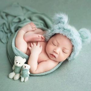 Photographie 3 PCS / Set Newborn Photography Prop enrouler en tricot stretch du peluche avec un chapeau de fourrure de lapin mignon