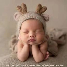 Fotografie Angola Bonnet Gebreide Fuzzy Deer Hat Baby Photography Props Cute Animal Cap Photo Studio Accessoires