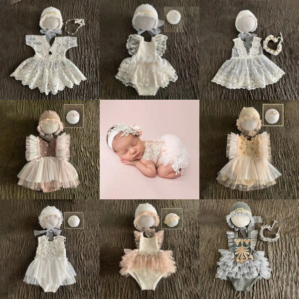 Photographie Nouveau-né bébé robe de dentelle Photographie Costume de costume bandeau chapeau 1 mois de vêtements princesse accessoires d'accessoires ensemble pour filles