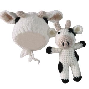 Fotografía Fotografía infantil recién nacido Proporro de crochet Gorro de gorro con vaca animal de peluche para muñecas juguete para bebés Disfraz