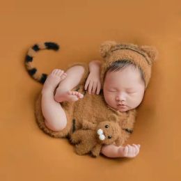 Fotografie pasgeboren fotografie props baby tijger kostuum babyjongen fotoshoot outfit gehaakte pasgeboren meisje kleding foto -shooting accessoires