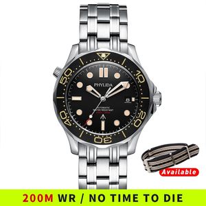 Phylida Black Dial Miyota of PT5000 Automatisch horloge Diver NTTD Stijl Sapphire Crystal Solid Armband Waterdicht 200m 210329