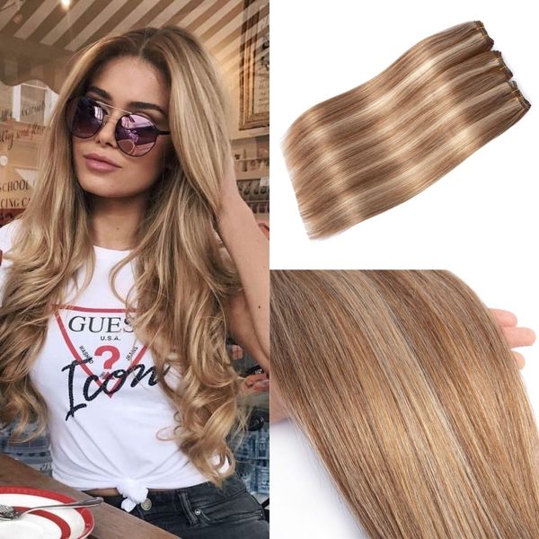 Extensiones de cabello humano de color piano # 27 mezclado con # 613 Trama de cabello brasileño virgen Slik Straight Highlights Tejido de cabello 100g