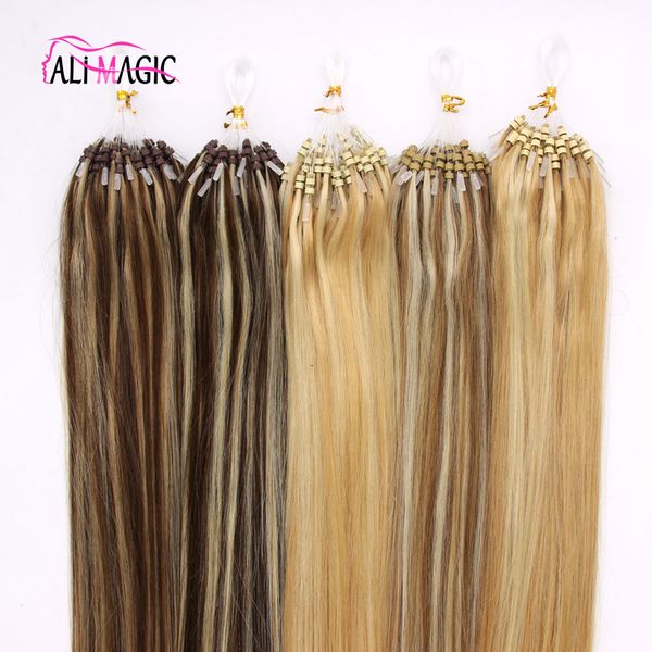 Piano Color Loop Micro Anillo Extensiones de cabello humano Micro Carlas Extensión del cabello Virgen Cabello negro marrón rubio Nano Anillo Cabello 100G P27/613 P18/613 P4/27 P2/27