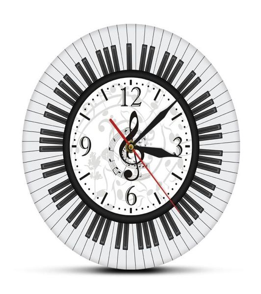 Piano teclado Treble Clef Wall Art reloj de pared Modern Wall Notes musicales Reloj de pared en blanco y negro Decoración de estudio de estudio de pianista Y205568793