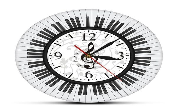 Teclado de piano Clave de sol Arte de pared Reloj de pared moderno Notas musicales Reloj de pared en blanco y negro Decoración de estudio de música Regalo de pianista Y208075532