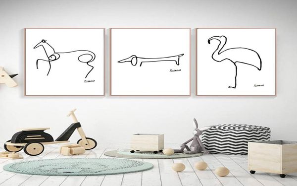 Picasso Animales abstractos Pintura sobre lienzo Arte de la pared Giclee moderno Impresión en lienzo Póster minimalista en blanco y negro 3 piezas Sin marco8835796