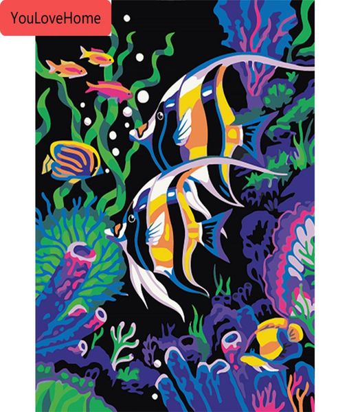 Image par numéro poissons animaux peints à la main bricolage Art Kits dessin toile peinture par numéros dessin animé animaux Art photo toile Pain9285144