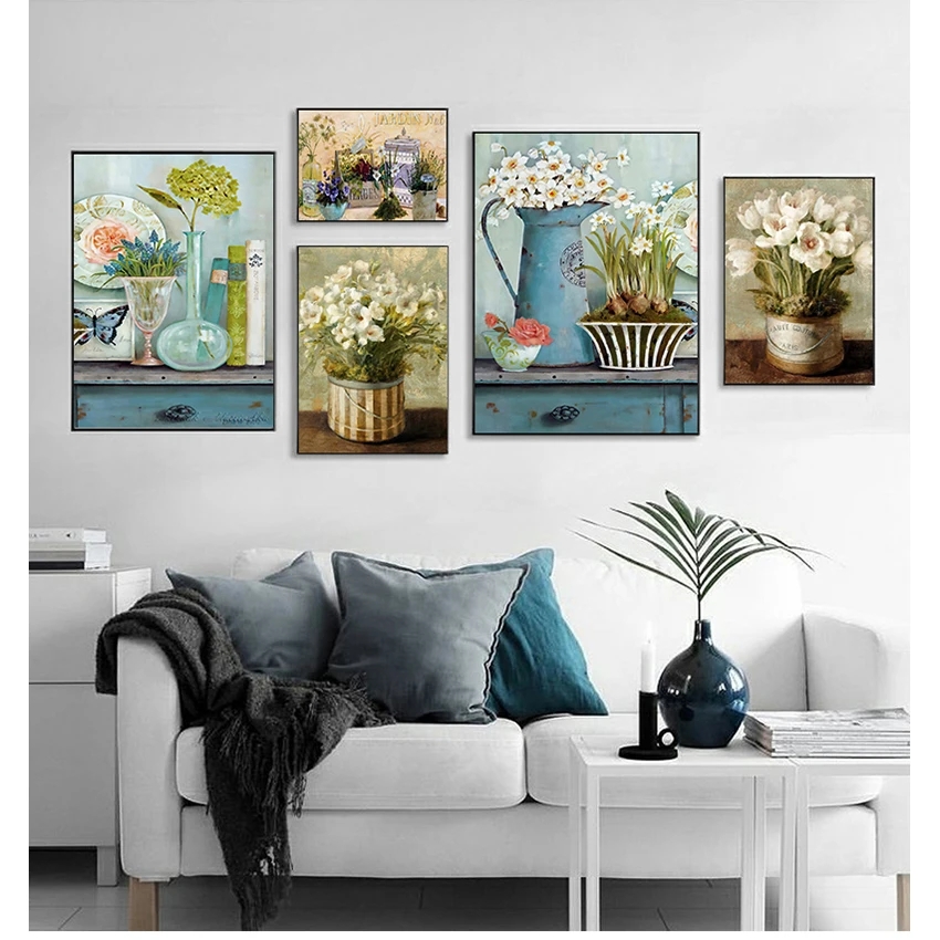 Nordic Watercolor Vintage Flower Canvas Painting - European Pastoral Wall Art for a Minimalist Home.