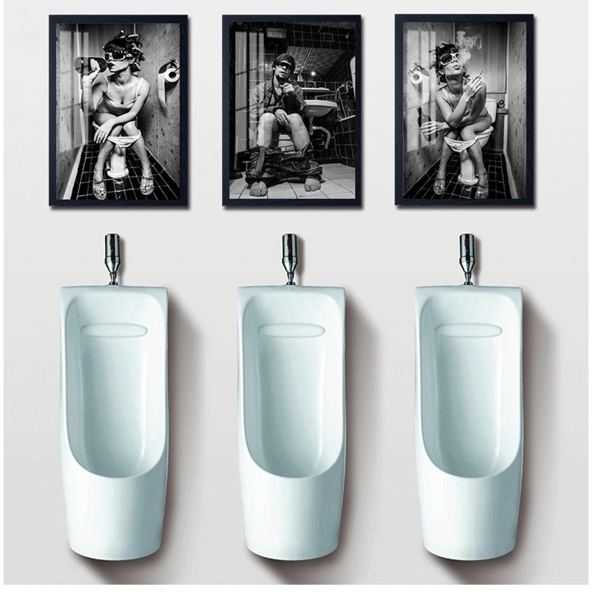 Foto poster zwart -wit schilderij toilet sexy vrouw man canvas prints bar meisje roken en drinken badkamer woo