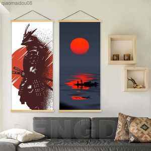 Pictures Nordic Scroll Moderne Japanse Samurai Wall Art ic Canvas Poster Massief Hout Opknoping Schilderij Print Woondecoratie L230704