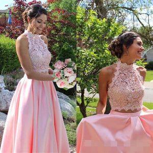 Stuk 2019 Twee avondjurken Lace Applique Satin Royal Blue Ruched Plochs Pink Custom Made Prom Party Jurk A Line Graduation Wear