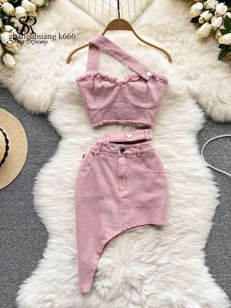 Piece 2024 Vestido Dos singreiny Denim Pink Sexy Women Sets Sashes Sashes Bocket Pocket Irregular sin tirantes Falda Top sin espalda J230506