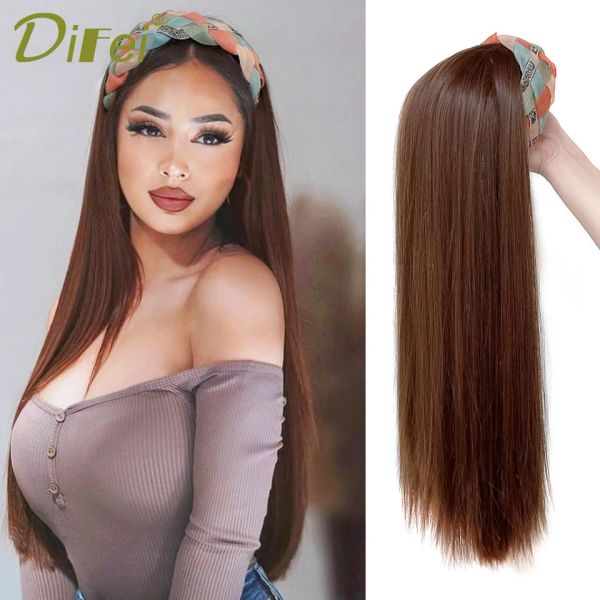 DIFEI – perruque synthétique longue et lisse, brune et noire, adaptée à la tête, faux cheveux résistants à la chaleur, pour femmes blanches/noires