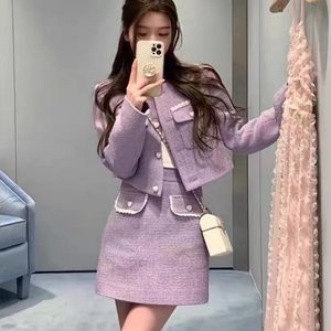 Stuk jurk runway herfst winter tweed Koreaanse paarse dames kleren pak jas jas uitklapen chique mini elegante rokken twee stukken set