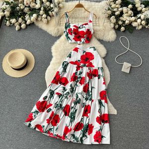 Piece Dress Two Summer Runway Sicily Floral Matching Outfits Dames korte spaghetti -band Crop Top Long Maxi Vacation Rok 2 Set 2024 03