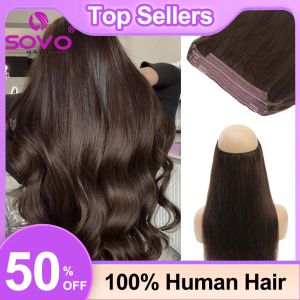 Piece Halo Hair Extensions 100% Human Cheveux Human 1428 pouces Clip de fil caché dans les cheveux Ombre Brun Color Human Remy Fish Ligne Extension