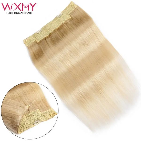 Extensiones de cabello humano de una pieza Clip en cabello Línea de pescado larga y recta con clip Extensiones de cabello de halo de una pieza Cabello humano Remy Color rubio