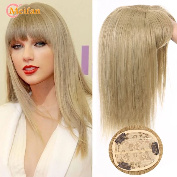 Pièce MEIFAN synthétique haut postiches avec Bang demi-tête couverture cheveux blancs droit naturel moelleux Invisible remplacement faux postiche