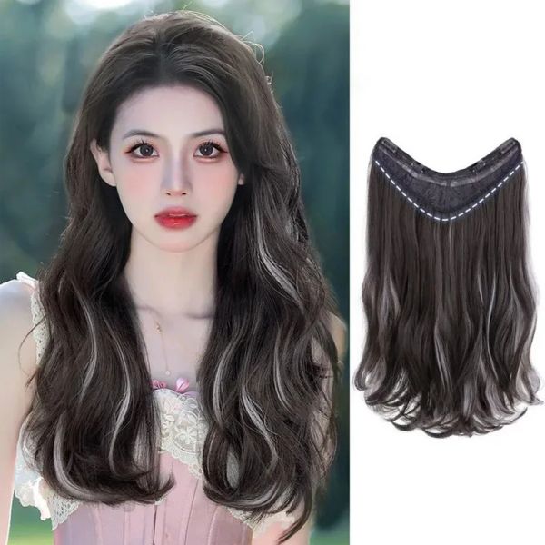 Piece Piece 45/60 cm Highlight Hair synthétique 4 clips in Hairpices Wig Brown Black Natural Long Long Wavy False Hair Piece pour les femmes